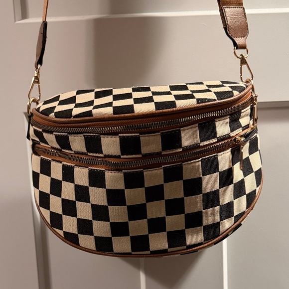 Checkered Brown and Cream Women's Crossbody Bag - Picture 2 of 5